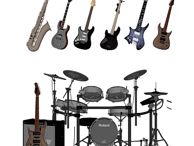 Collection of Musical Instruments Including Saxophone Electric Guitars Acoustic Guitar and Roland Drum Set 3d model