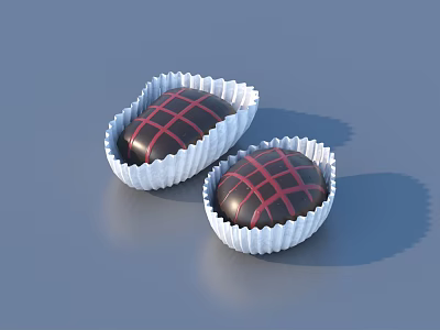 Two Chocolate Treats in White Paper Cups with Red Grid Pattern 3d model