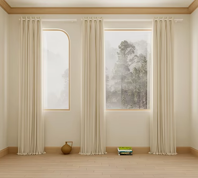 Beige Linen Curtains For Arched And Rectangular Windows With Ceramic Vase And Stacked Books 3d model