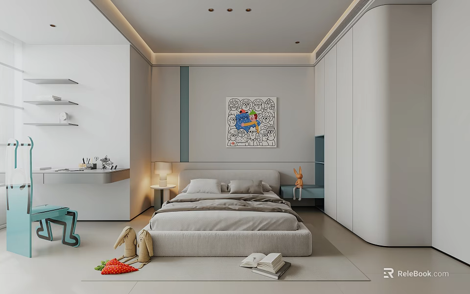 Modern Kids Bedroom With Decorative Art Plush Toys And Cozy Bed 3d model 