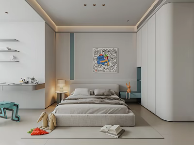 Modern Kids Bedroom With Decorative Art Plush Toys And Cozy Bed 3d model