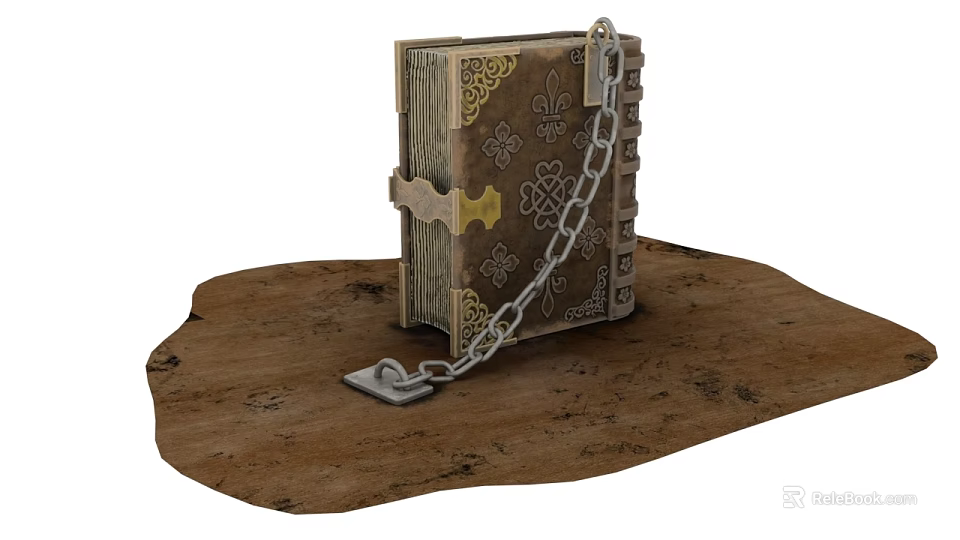 Antique Decorative Book With Intricate Patterns Locked By Chain On Wooden Surface 3d model 