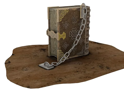 Antique Decorative Book With Intricate Patterns Locked By Chain On Wooden Surface 3d model