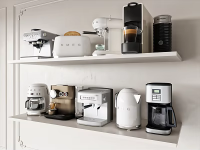 Neat Display Of Various Daily Electrical Appliances On Kitchen Shelves 3d model