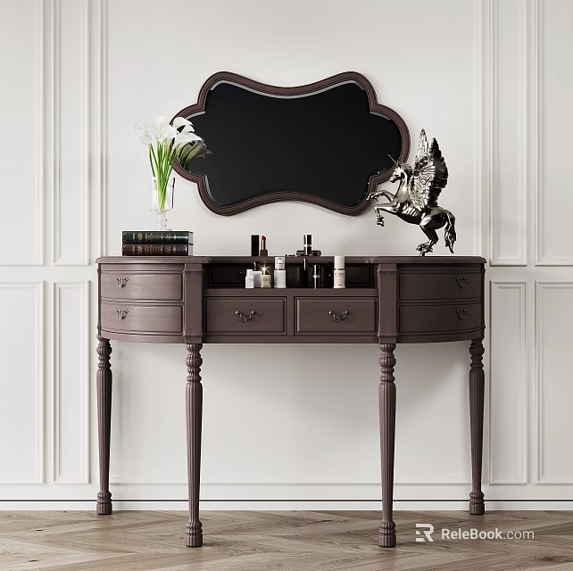 Dark Wood Dressing Table With Mirror Vase Flowers Cosmetics And Decorative Statue Against White Walls 3d model 