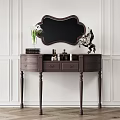 Dark Wood Dressing Table With Mirror Vase Flowers Cosmetics And Decorative Statue Against White Walls