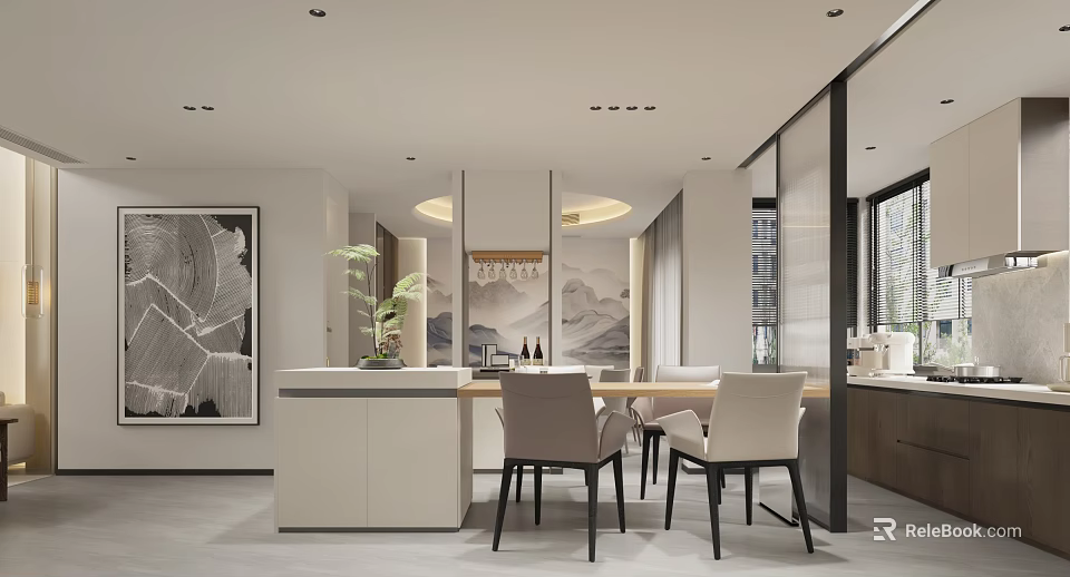 Modern Open Concept Dining And Living Room With Elegant Chairs Functional Island And Artistic Decor 3d model 