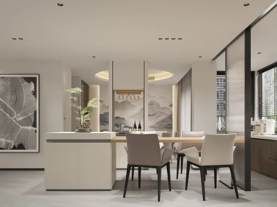 Modern Open Concept Dining And Living Room With Elegant Chairs Functional Island And Artistic Decor 3d model