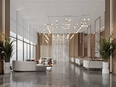 Modern Restaurant Lobby With Large Windows Natural Light Beige Sofas Green Plants And Chandeliers 3d model