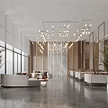 Modern Restaurant Lobby With Large Windows Natural Light Beige Sofas Green Plants And Chandeliers