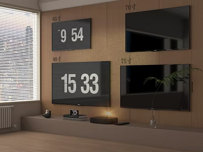 Wooden TV Background Wall With Multiple Screens Various Sizes Plant And Lamp Decor 3d model