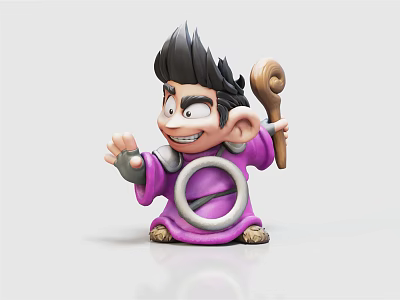 Cheerful Cartoon Fantasy Character In Purple Outfit With White Circle And Spiral Staff 3d model