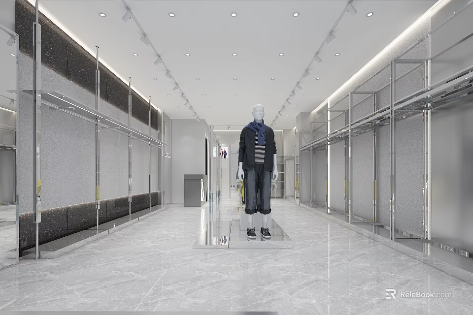 Modern Stylish Clothing Store Interior With Display Racks Mannequin And Apparel Displays 3d model 