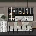 Modern Bar Area Interior Design With Speckled Countertop Bar Stools Marble Backsplash And Glass Cabinets