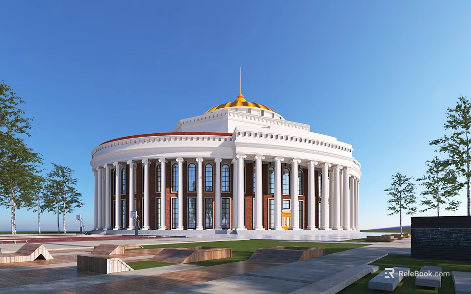 Circular School Building With Golden Dome And White Columns Surrounded By Lawn And Trees 3d model 