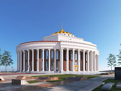 Circular School Building With Golden Dome And White Columns Surrounded By Lawn And Trees 3d model