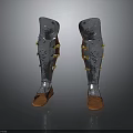 Ancient Metal Leg Armor with Silver Finish Gold Accents Leather Base and Intricate Carvings