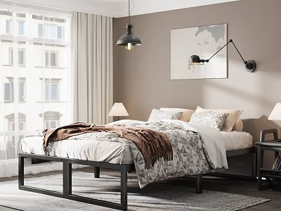 Modern Bedroom Interior With Bed Bedding Table Lamps Pendant Light Wall Art And Window Curtains 3d model