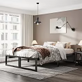 Modern Bedroom Interior With Bed Bedding Table Lamps Pendant Light Wall Art And Window Curtains