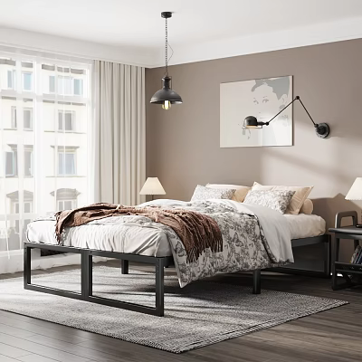 Modern Bedroom Interior With Bed Bedding Table Lamps Pendant Light Wall Art And Window Curtains 3d model