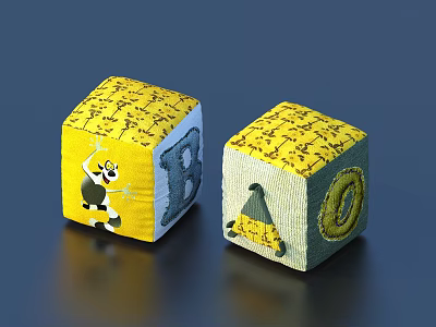 Yellow Cube Pillows With Cartoon Bee Letters Banana And Hat Patterns 3d model
