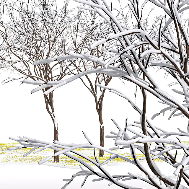 Snow Covered Tree Branches With Yellow Grass On White Ground 3d model