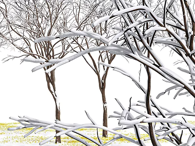 Snow Covered Tree Branches With Yellow Grass On White Ground 3d model