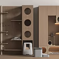 Modern Wooden Storage Cabinet Rack With Circular Cutouts Open Shelves And Pet Supplies