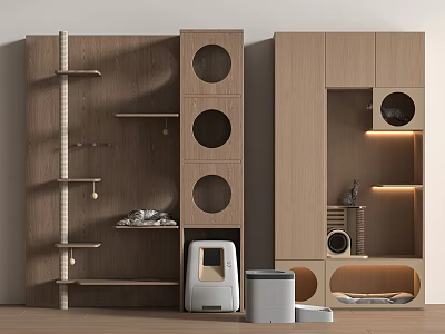 Modern Wooden Storage Cabinet Rack With Circular Cutouts Open Shelves And Pet Supplies 3d model