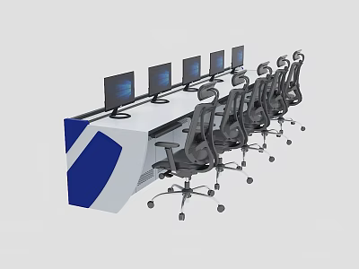 Modern Workstation Console With Multiple Monitors And Ergonomic Office Chairs 3d model