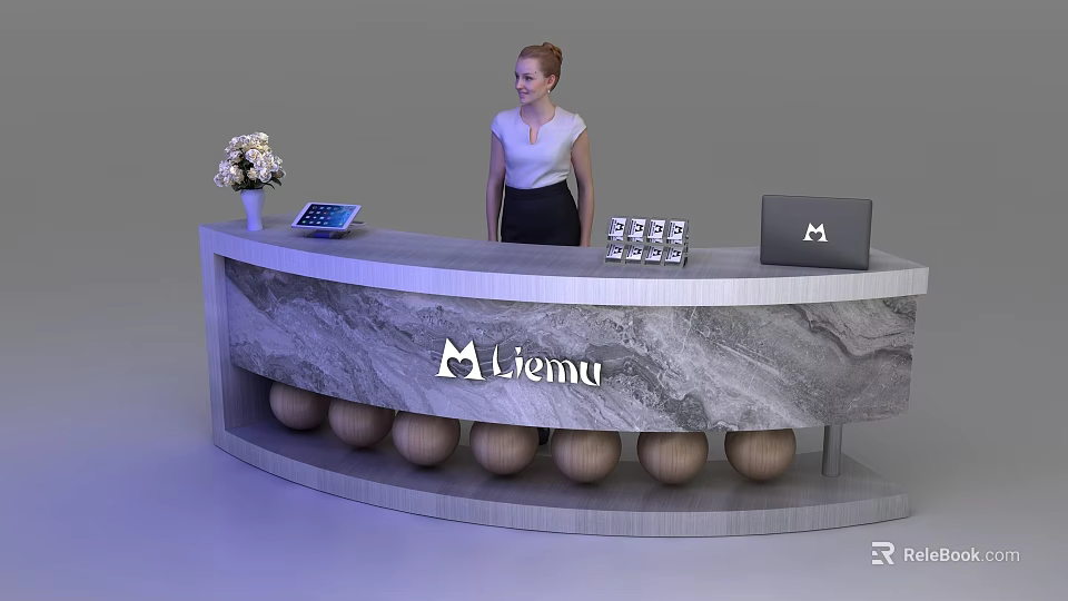 Marble Reception Desk With Miemu Logo Receptionist Flower Vase Tablet And Laptop 3d model 