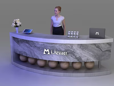 Marble Reception Desk With Miemu Logo Receptionist Flower Vase Tablet And Laptop 3d model