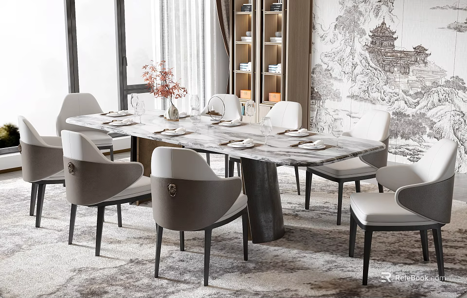Elegant Marble Dining Table Set With Light Gray Chairs And Tableware In Bright Room 3d model 