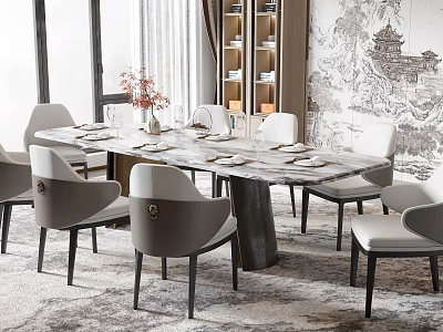 Elegant Marble Dining Table Set With Light Gray Chairs And Tableware In Bright Room 3d model