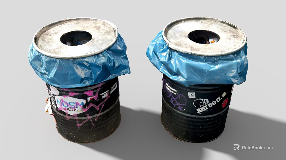Household Trash Bins Covered With Blue Plastic Bags And Graffiti Design 3d model 