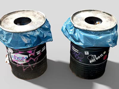 Household Trash Bins Covered With Blue Plastic Bags And Graffiti Design 3d model