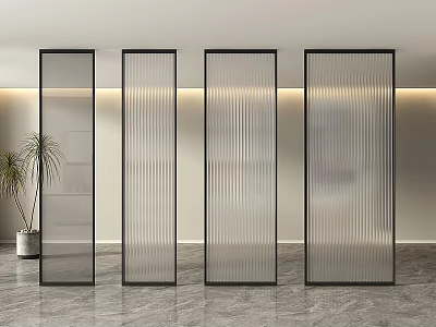 Modern Ribbed Glass Room Dividers With Black Frames For Interior Space Separation 3d model