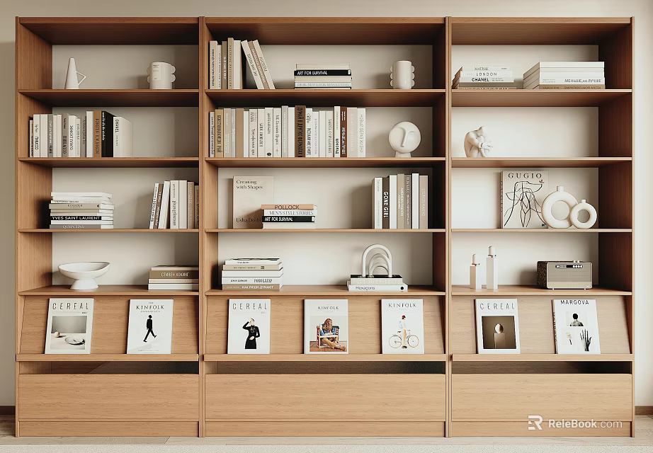 Light Wooden Open Shelf Unit Displaying Books Decorative Items Bowls And Framed Prints 3d model 