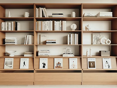 Light Wooden Open Shelf Unit Displaying Books Decorative Items Bowls And Framed Prints 3d model