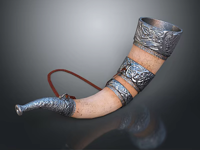 Handcrafted Musical Instrument Horn With Silver Carved Patterns Light Colored Body And Red String 3d model
