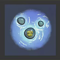 Adorable Green Cartoon Frog Sitting On Blue Round Stone With Water Ripples And Small Stones