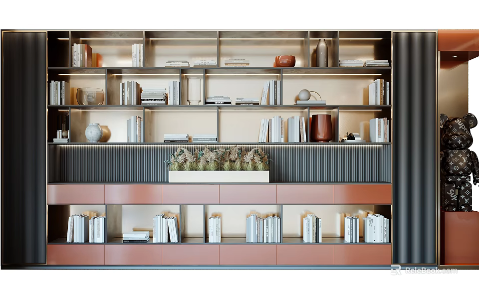 Modern Minimalist Bookcase Interior With Multiple Shelves Books Decorative Items And Plants 3d model 