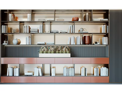Modern Minimalist Bookcase Interior With Multiple Shelves Books Decorative Items And Plants 3d model