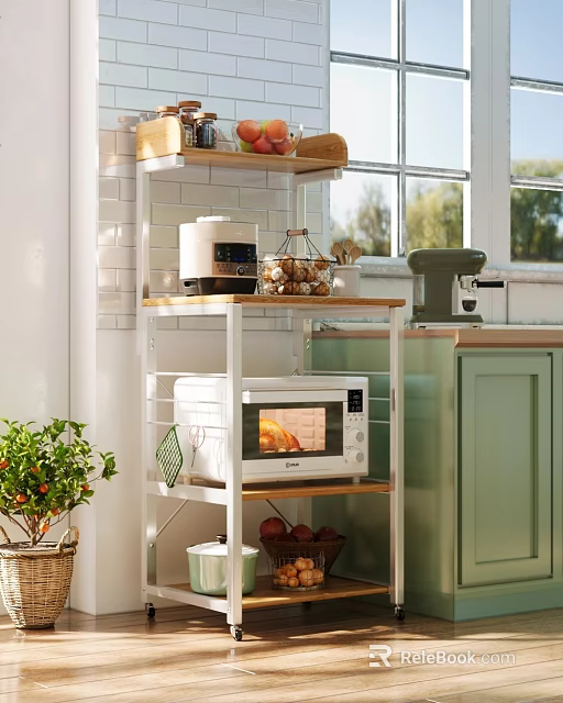 Wooden And White Kitchen Rack With Coffee Maker Toaster Microwave Green Cabinets And Natural Light 3d model 