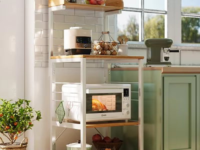 Wooden And White Kitchen Rack With Coffee Maker Toaster Microwave Green Cabinets And Natural Light 3d model