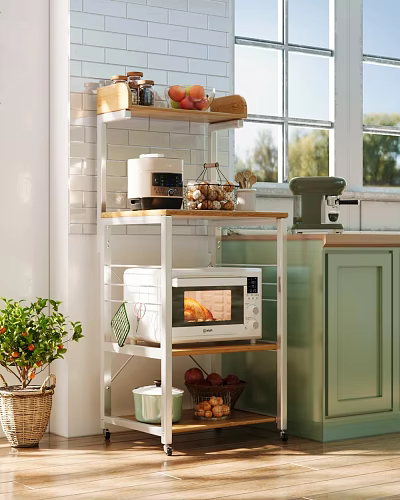 Wooden And White Kitchen Rack With Coffee Maker Toaster Microwave Green Cabinets And Natural Light 3d model