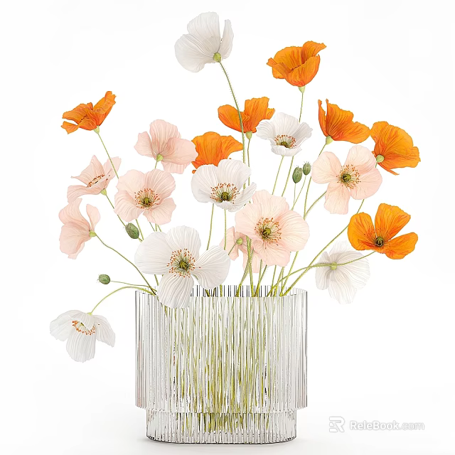 Decorative Ornament Set With Transparent Vertical Striped Vase And Orange Pink Flowers 3d model 