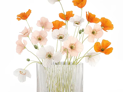 Decorative Ornament Set With Transparent Vertical Striped Vase And Orange Pink Flowers 3d model