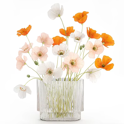 Decorative Ornament Set With Transparent Vertical Striped Vase And Orange Pink Flowers 3d model