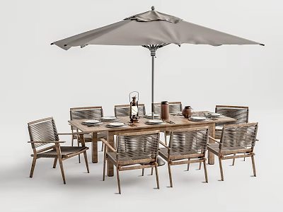 Outdoor Wooden Dining Table With Metal Chairs Large Umbrella And Tableware 3d model